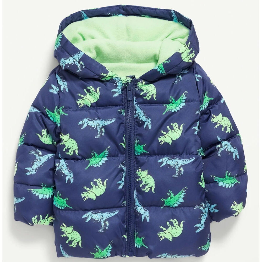 NWT Old Navy Blue Dinosaur Hooded Puffer Jacket Coat size 12-18 months